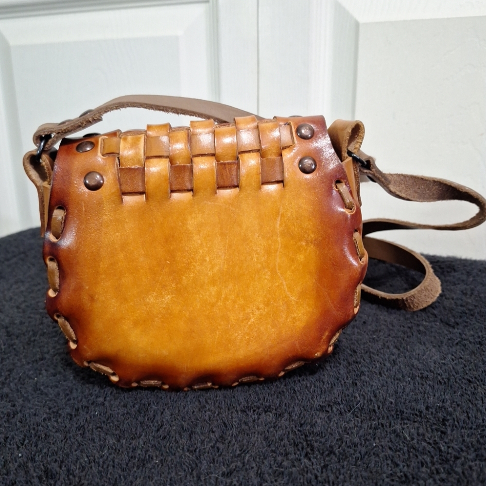 Handmade Mexico Leather Floral Tooled Woven Handpainted Crossbody Bag-Brown - Picture 2 of 7
